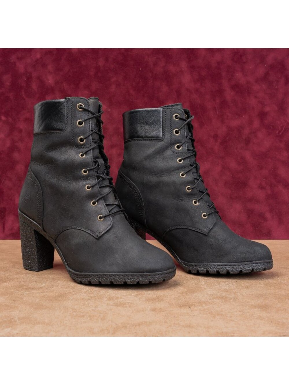 Timberland Women Glancy Lace-up Black Leather Heel Combat Boots sz 8